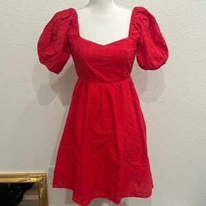 NWT Red 100% Cotton Puff Sleeve Eyelet Girly Mini Dress Size XS